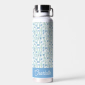 Blauwe aquarel wilde bloemen aangepaste naam waterfles (Achterkant)