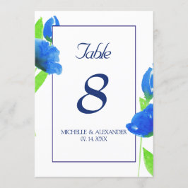 Blauwe aquarel wilde bloemen tafel nummers kaart