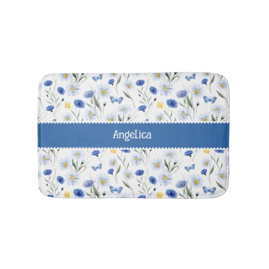 Blauwe Aquarel Wilde Bloemen Weide Naam Badmat (Voorkant)