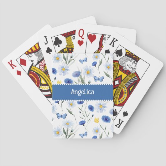 Blauwe Aquarel Wilde Bloemen Weide Naam Pokerkaarten (Achterkant)