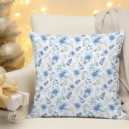 Blauwe Aquarel Winterbloemen Kussen