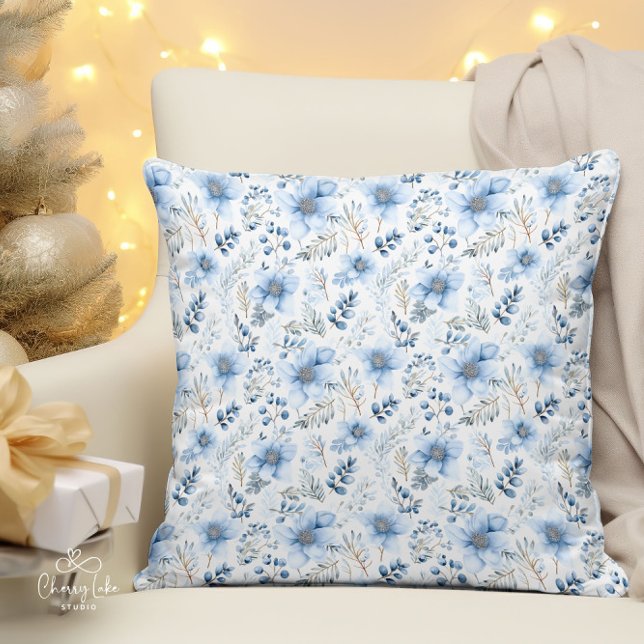 Blauwe Aquarel Winterbloemen Kussen (Creator heeft geüpload)