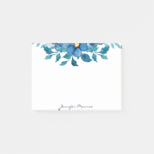 Blauwe aquarelbloemen gepersonaliseerd post-it® notes (Voorkant)