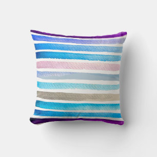 Blauwe aquarelstrepen handgeschilderd kussen