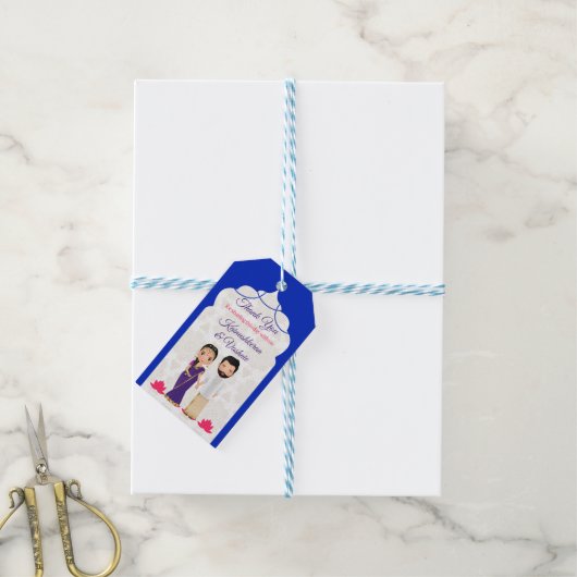 Blauwe Arabische boog grens Tamil Telugu bruiloft Cadeaulabel (Met Touw)