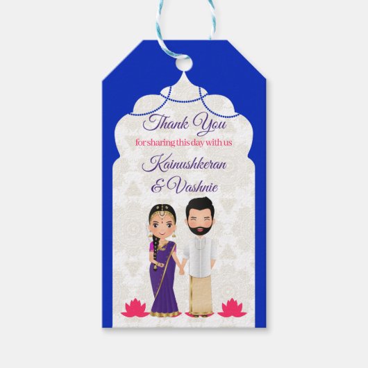 Blauwe Arabische boog grens Tamil Telugu bruiloft Cadeaulabel (Voorkant)