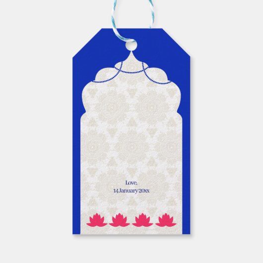 Blauwe Arabische boog grens Tamil Telugu bruiloft Cadeaulabel (Achterkant)