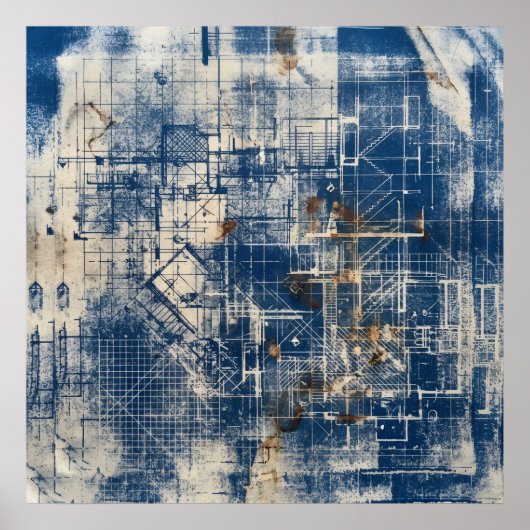 Blauwe architecturale blauwdrukposter poster (Voorkant)