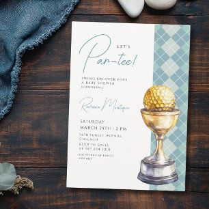 Blauwe Argyle Golf Trofee Laat Par-Tee Baby Shower Kaart