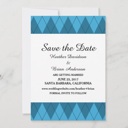 Blauwe Argyle Save the Date Uitnodiging (Voorkant)