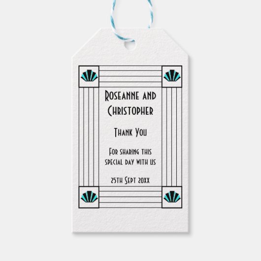 Blauwe Art Deco Design Bruiloft Cadeaulabel (Voorkant)