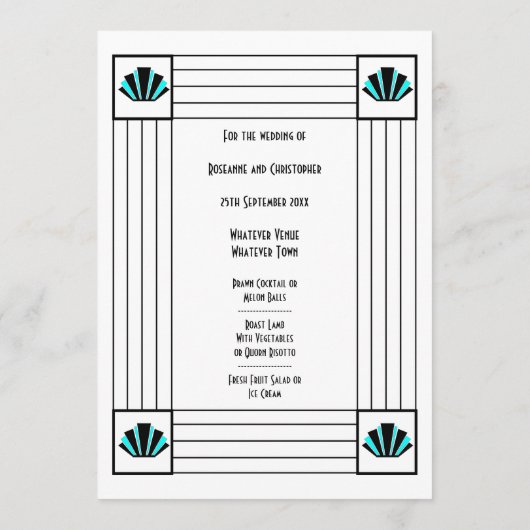 Blauwe Art Deco Design Bruiloft Menu (Achterkant)