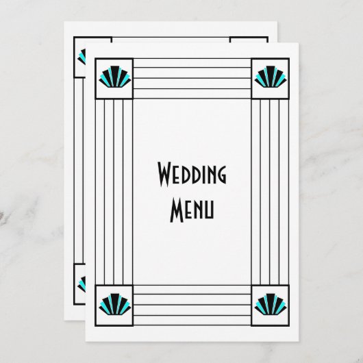 Blauwe Art Deco Design Bruiloft Menu (Voorkant / Achterkant)