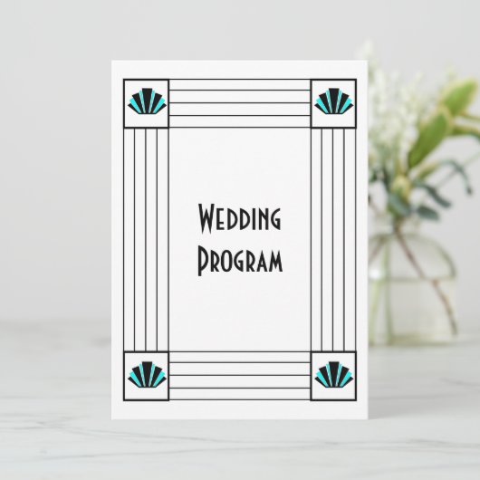 Blauwe Art Deco Design Bruiloft Programmakaart (Staand voorkant)