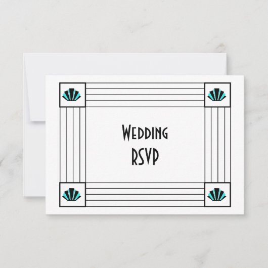 Blauwe Art Deco Design Bruiloft RSVP Kaartje (Voorkant)
