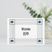 Blauwe Art Deco Design Bruiloft RSVP Kaartje (Staand voorkant)