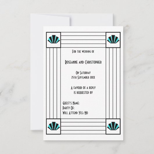 Blauwe Art Deco Design Bruiloft RSVP Kaartje (Achterkant)