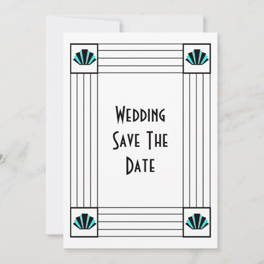 Blauwe Art Deco Design Bruiloft Save The Date (Voorkant)