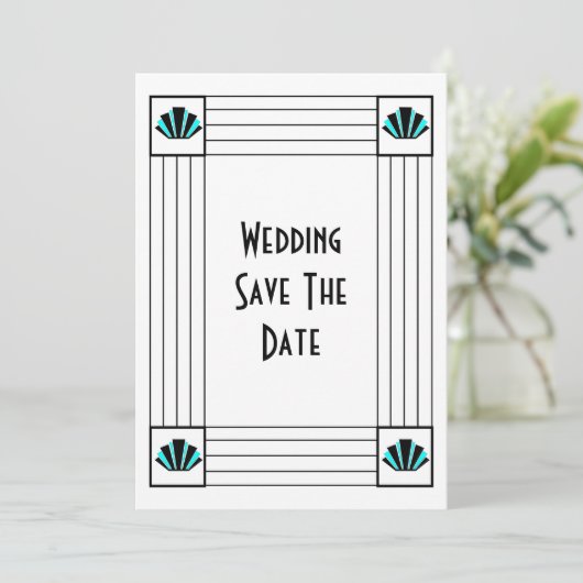 Blauwe Art Deco Design Bruiloft Save The Date (Staand voorkant)