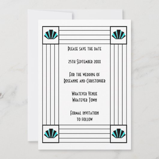 Blauwe Art Deco Design Bruiloft Save The Date (Achterkant)