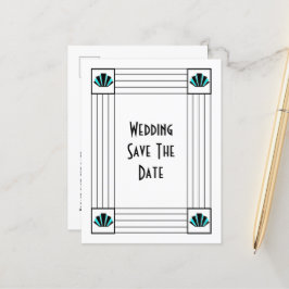 Blauwe Art Deco Design Bruiloft Sla de datum op Aankondigingskaart