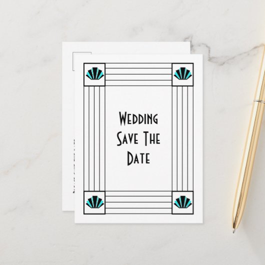 Blauwe Art Deco Design Bruiloft Sla de datum op Aankondigingskaart (Voorkant / Achterkant in situ)