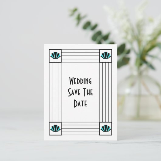 Blauwe Art Deco Design Bruiloft Sla de datum op Aankondigingskaart (Staand voorkant)