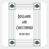 Blauwe Art Deco Design Bruiloft Vierkante Sticker (Voorkant)