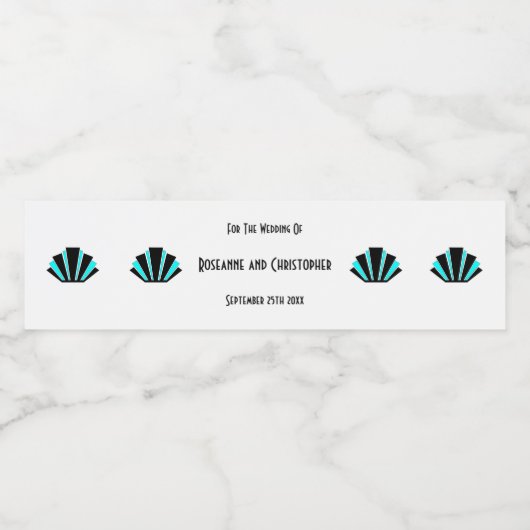 Blauwe Art Deco Design Bruiloft Waterfles Etiket (Enkel label)