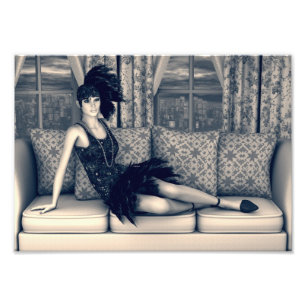 Blauwe Art Deco Flapper Vrouw Vintage Kunst Foto Afdruk