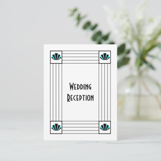 Blauwe Art Deco Ontwerp Bruiloft Receptie Briefkaart (Staand voorkant)