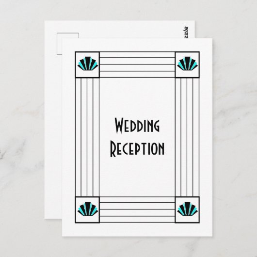 Blauwe Art Deco Ontwerp Bruiloft Receptie Briefkaart (Voorkant / Achterkant)