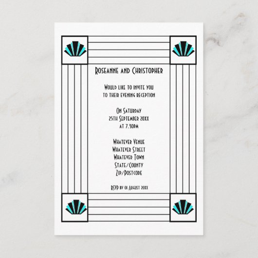 Blauwe Art Deco Ontwerp Bruiloft Receptie Informatiekaartje (Achterkant)