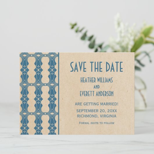 Blauwe Art Deco Rand Save the Date Uitnodiging (Staand voorkant)