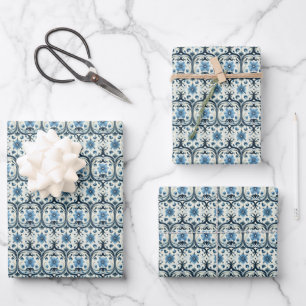 Blauwe Art Nouveau bloemmotief Inpakpapier Vel