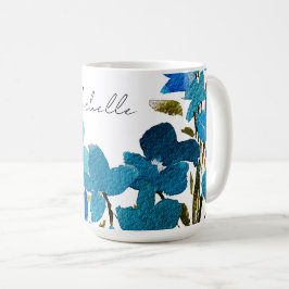 Blauwe Artistieke Wildbloemen Waterverf Monogram Koffiemok