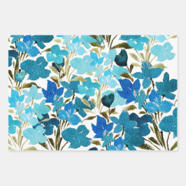 Blauwe Artistieke Wildbloemen Waterverf Patroon Inpakpapier Vel