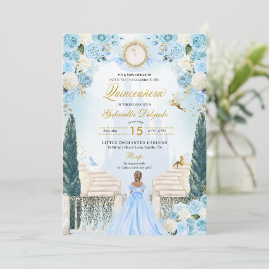 Blauwe Assepoester Prinses Fairy Quinceanera Kaart (Staand voorkant)