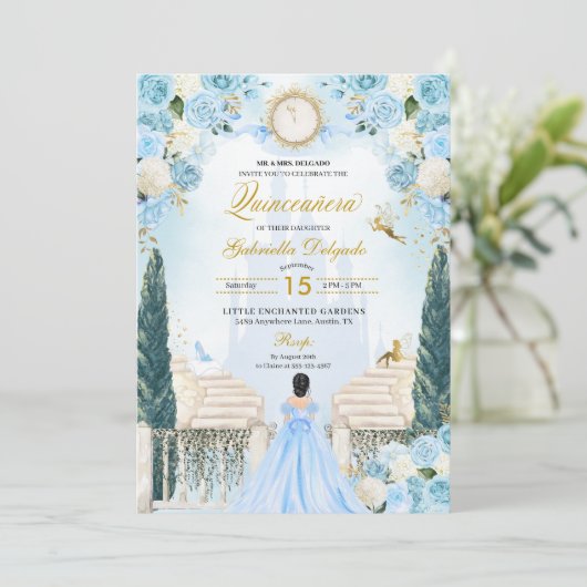 Blauwe Assepoester Prinses Fairy Quinceanera Kaart (Staand voorkant)