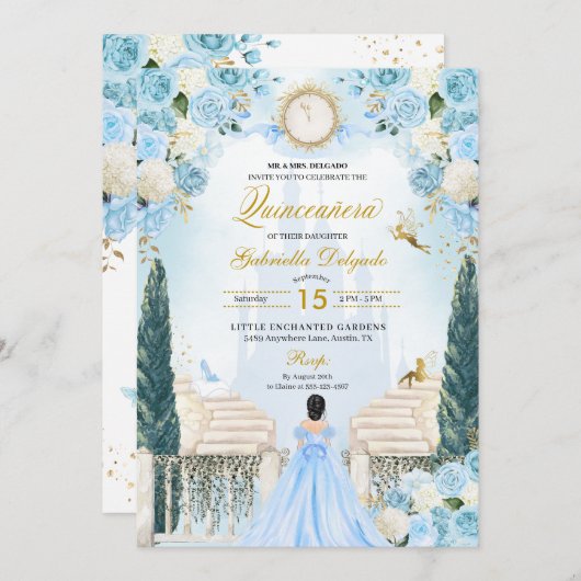Blauwe Assepoester Prinses Fairy Quinceanera Kaart (Voorkant / Achterkant)