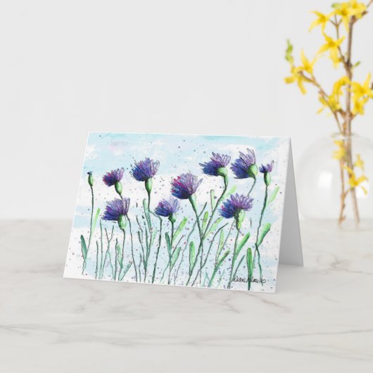 Blauwe Asters, Bloemen Waterverf Art Kaart (Gele Bloem)