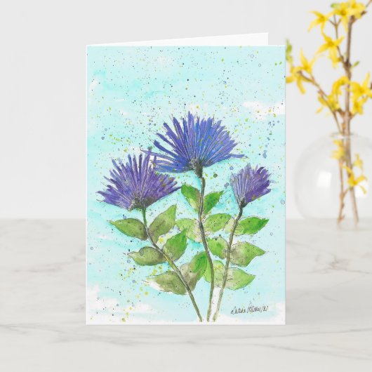 Blauwe Asters, Bloemen Waterverf Art Kaart (Gele Bloem)