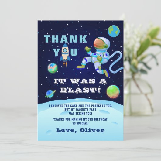 Blauwe Astronaut Aarde Buitenruimte Verjaardag Bedankkaart (Staand voorkant)