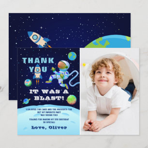 Blauwe astronaut buitenruimte verjaardagsfoto bedankkaart