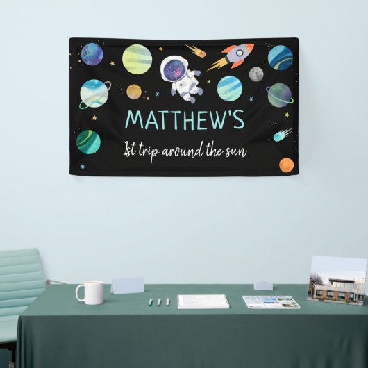 Blauwe astronaut buitenruimtevaart spandoek (Beurs)