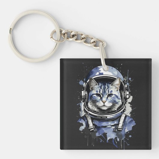 Blauwe Astronaut Kat Splash Ontwerp Sleutelhanger (Voorkant)