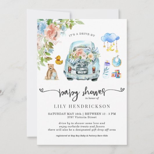 Blauwe auto | Aandrijving per Baby shower (Voorkant)