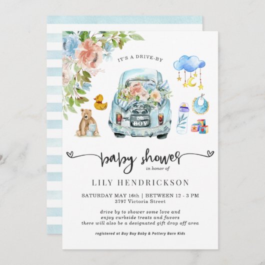 Blauwe auto | Aandrijving per Baby shower (Voorkant / Achterkant)