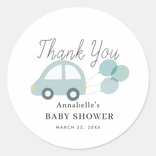 Blauwe Auto Ballonnen Witte Jongen Baby shower Ronde Sticker (Voorkant)