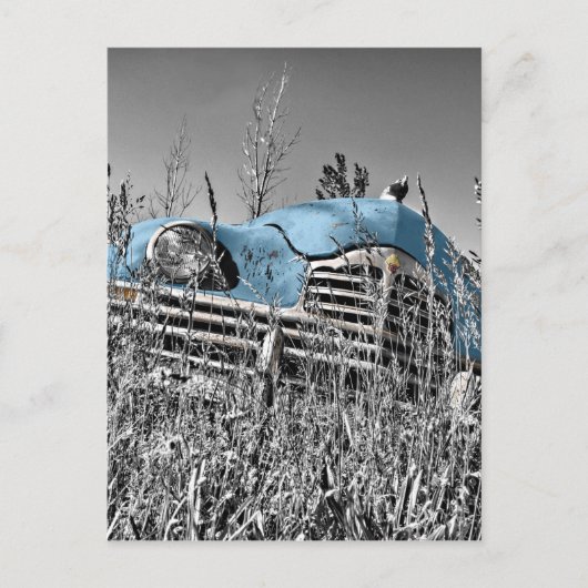 blauwe auto briefkaart (Voorkant)